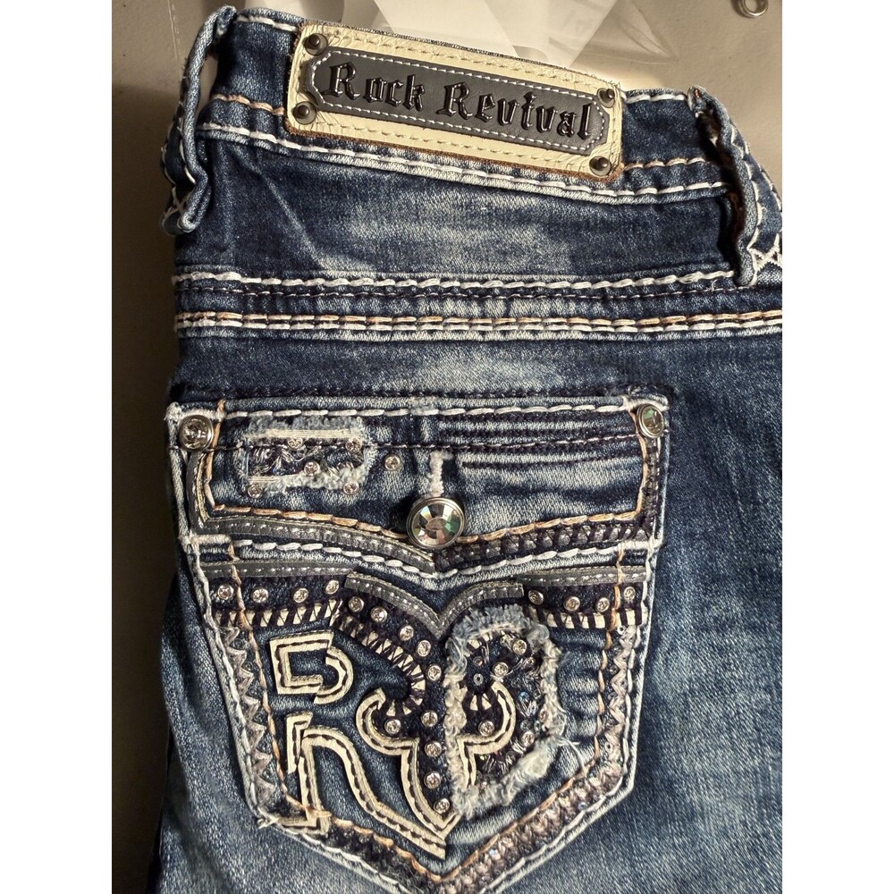 Rock Revival Jeans Womens 29 Ferry Distressed Embellished Mid Rise Boot Whisker - Picture 3 of 13
